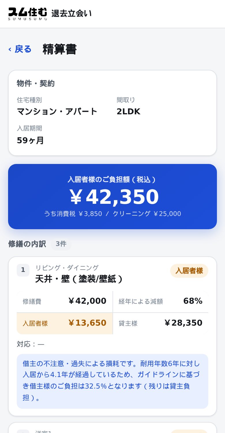 スマートフォンで表示した退去立会いアプリの精算書。入居者様のご負担額を大きく表示し、修繕を1件ずつカードで表示